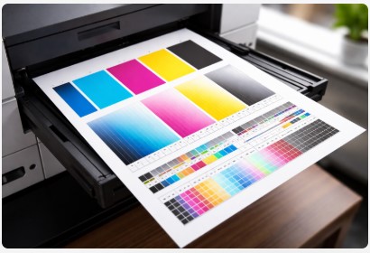CMYK print test page with cyan magenta yellow black color blocks and gradient alignment patterns
