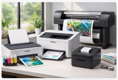 Types of printers including inkjet, laser, and commercial printing machines