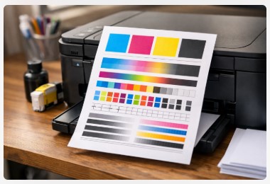 color print test page showing CMYK blocks and printer alignment patterns