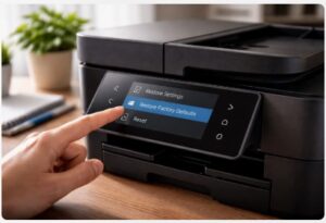 Printer factory reset menu on printer control panel screen