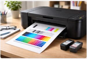 Canon printer test page showing CMYK color bars and alignment pattern