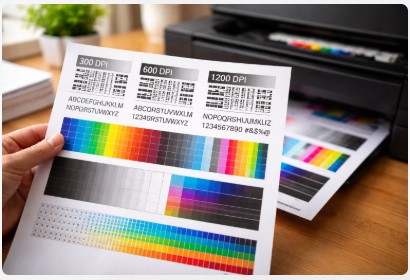 DPI Print Test Page with fine line resolution test pattern for printer accuracy check