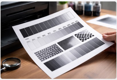 Grayscale print test page with 0 to 100 percent gradient blocks for printer calibration