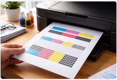Nozzle print test page showing color and alignment patterns