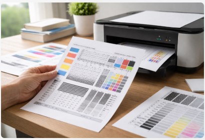 printer calibration test page with alignment grid and color calibration bars