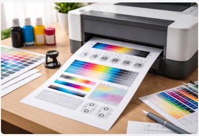printer color calibration test page with CMYK color bars and alignment patterns