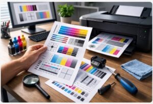 printer diagnostic page showing print quality test patterns and color bars