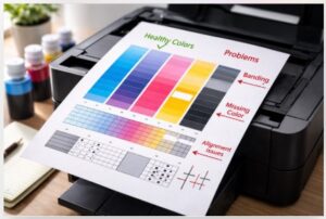 Test Page Colors - Meaning & Fix Guide 6 Annotated printer test page showing healthy color gradients, banding patterns, missing color blocks, and alignment cross issues